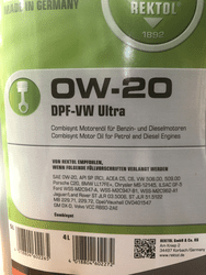 שמן מנוע סינטטי מלא 5L 0W20 גרמניה REKTOL תקן VW 508/509