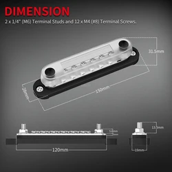פס צבירה נחושת 12-48V 150A כולל 2 חיבורי M6 ו 12 חיבורי M4