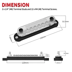 פס צבירה נחושת 12-48V 150A כולל 2 חיבורי M6 ו 12 חיבורי M4