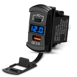 שקע טעינה מלבני מהיר QC 3.0 עם מד וולטמטר דיגיטלי קבוע לרכב USB+TYPE C 12-24V